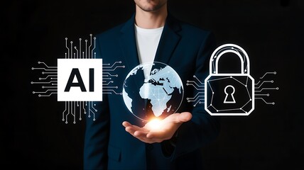 Businessman Holding Globe with AI and Security Lock Icons