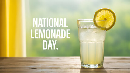A glass of lemonade with a lemon slice garnish on a wooden table, celebrating National Lemonade Day.