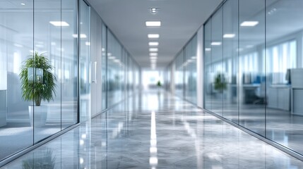 Blurred Office Hallway with Glass Walls Concrete Floor and Potted Plants in a Modern Corporate Building with Natural Light and Soft Focus Background