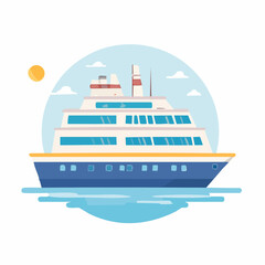 Flat vector illustration of a large passenger cruise ship sailing on calm blue water under a bright sky with a sun.
