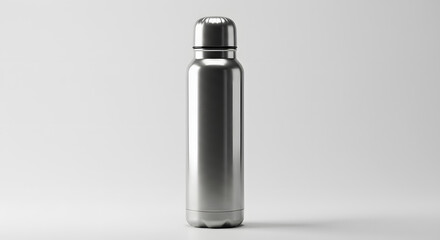 A sleek, silver stainless steel reusable water bottle standing upright against a clean, minimalist white background with a soft shadow.