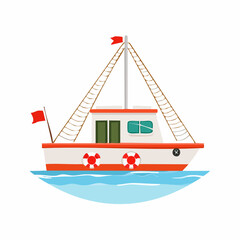Cartoon fishing boat with a cabin, mast, flags, and lifebuoys floating on blue water against a white background.
