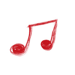 Red musical note isolated on transparent background, hand drawn with crayon