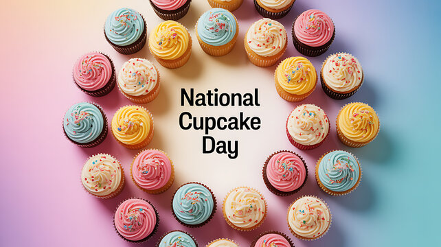 Colorful cupcakes arranged in a circle celebrating National Cupcake Day - Powered by Adobe