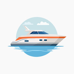 A sleek, modern yacht with orange accents cruising on calm blue water under a clear sky, depicted in a flat vector illustration.