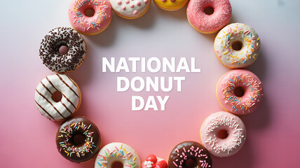 Colorful donuts arranged in a circle with 'National Donut Day' text on a pink background