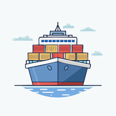 Front view of a large cargo ship carrying shipping containers on the ocean, with clouds in a flat design illustration.