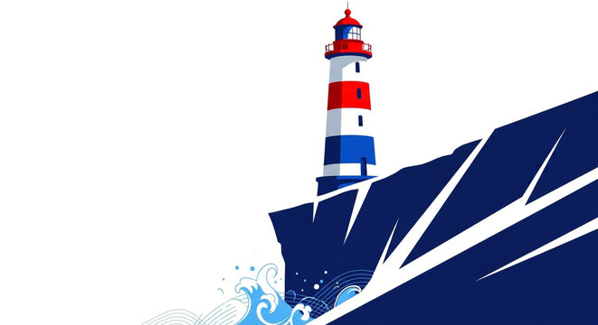 A red, white, and blue lighthouse stands on a cliff overlooking the sea, with waves crashing against the rocks isolated on white background