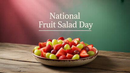 A colorful fruit salad featuring strawberries, grapes, and watermelon on a wooden table, celebrating National Fruit Salad Day.