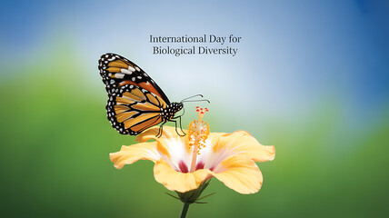 Monarch butterfly perched on a hibiscus flower with text celebrating International Day for Biological Diversity