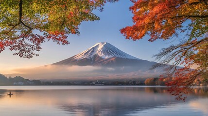 Majestic Mount Fuji Snow- Capped Peak Reflected in a Calm Lake with Autumn Maple Leaves Keywords: Mount Fuji, mountain, volcano, peak, snow-capped