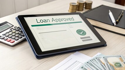 Electronic tablet screen displaying 'LOAN APPROVED', placed on a desk beside a calculator and stack of cash, symbolizing finance and approval