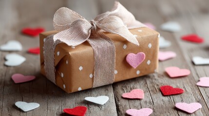 Romantic Valentine's Gift: A Carefully Wrapped Present with a Red Ribbon and Heart Pattern, Symbolizing Love and Affection.