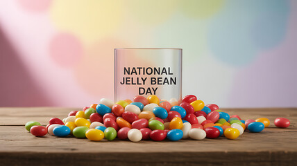 Colorful jelly beans piled on a wooden surface with a glass labeled 'National Jelly Bean Day' in front of a soft, multicolored background.