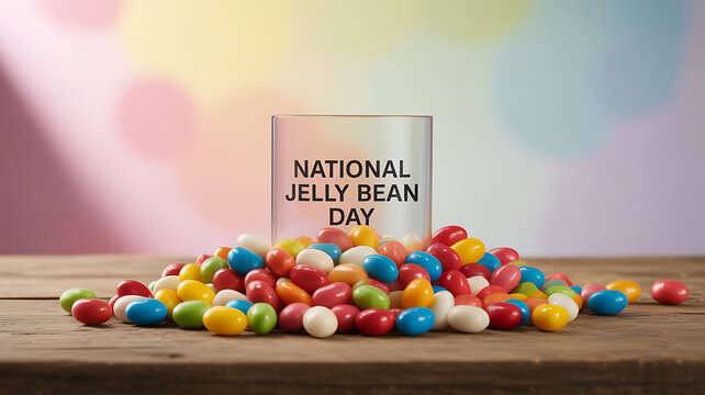 Colorful jelly beans piled on a wooden surface with a glass labeled 'National Jelly Bean Day' in front of a soft, multicolored background.