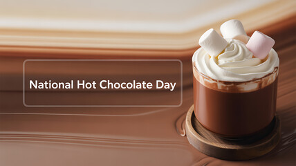 National Hot Chocolate Day celebration with a rich hot chocolate drink topped with whipped cream and marshmallows