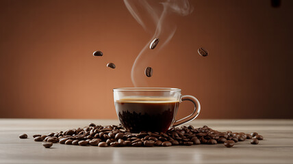 A steaming cup of coffee with coffee beans floating above it on a wooden surface