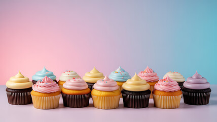 Colorful cupcakes with pastel frosting arranged in a row against a gradient background