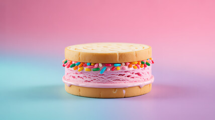 A sandwich cookie with pink frosting and colorful sprinkles on a gradient background