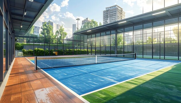 Empty professional padel court with glass walls and synthetic turf, clean sports photoshoot. 