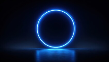 Obraz premium A vibrant, glowing blue neon circle stands out against a dark, reflective backdrop.