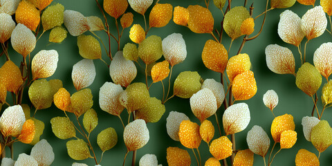 Hand-drawn mustard green and white leaves seamless pattern on green background, elegant curves, modern aesthetic, interior decor, textile design

