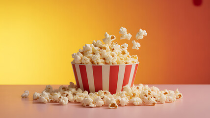 Popcorn overflowing from a red and white striped bucket on a colorful background