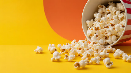 Popcorn spilling from a striped cup onto a yellow surface with an orange circular background