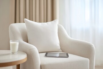 Cozy Living Room Setting with Tablet and Glass of Milk on Table