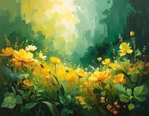 Sunlit meadow of vibrant yellow flowers nestled within a lush green forest