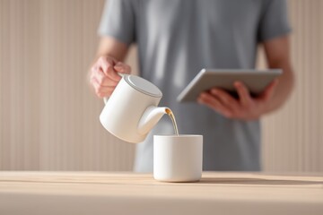 Pouring Coffee from White Pot into Mug while Using Tablet Device