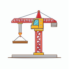 A colorful cartoon illustration of a red and yellow construction tower crane lifting a wooden beam on a white background.