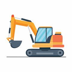Flat vector illustration of a yellow and gray excavator, a heavy construction vehicle, on a white background.
