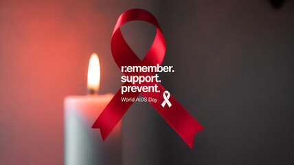 Red ribbon and lit candle symbolizing World AIDS Day with message to remember, support, and prevent