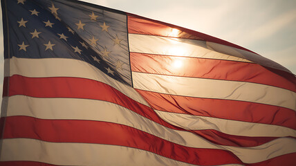 American flag waving in the wind with sunlight reflecting off its surface