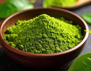 Bright Green Matcha Powder in Brown Bowl