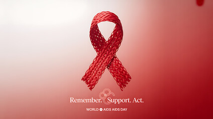 Red ribbon symbol for World AIDS Day with message 'Remember. Support. Act.'