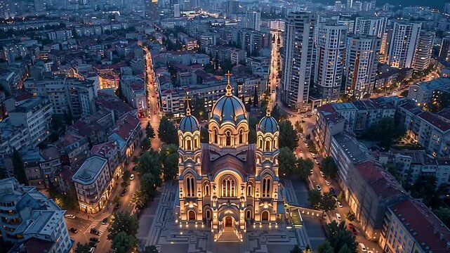Aerial view of varna bulgaria at night featuring the cathedral of assumption on transparent background