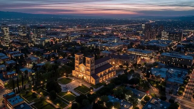 Aerial view of stanford memorial church and palo alto california at twilight on transparent background