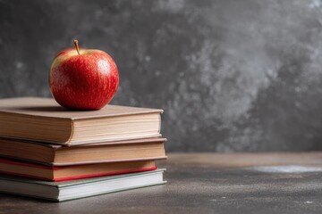 Fresh Red Apple on Stack of Books with Dark Background