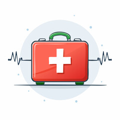 Red first aid kit with a white cross and green handle, set against a light blue circle with a heartbeat line, symbolizing emergency medical care.
