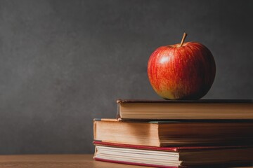 Red Apple on Stack of Vintage Books Against Dark Background