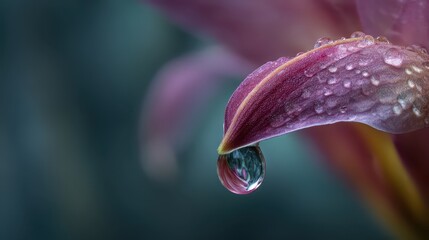 Macro Water Reflection: Glistening Droplets on a Pink Petal Reflecting a Tiny City Skyline, Blending Nature and Urban Life. 
