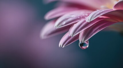 Macro Water Reflection: Glistening Droplets on a Pink Petal Reflecting a Tiny City Skyline, Blending Nature and Urban Life. 