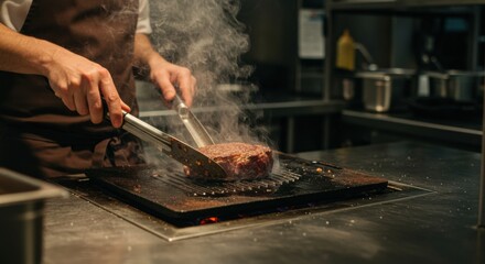 Sizzling steak grilling technique professional kitchen culinary art steam-filled environment gourmet concept