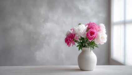 Elegant Pink and White Peony Bouquet in Simple White Vase