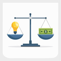 A balance scale weighing a bright yellow lightbulb against a stack of green dollar bills, symbolizing the value of ideas versus money in business.