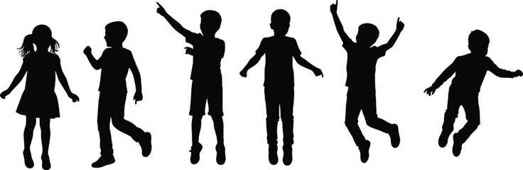 Silhouette of happy children jumping, kids playing, active childhood, fun, joy, lifestyle, energy, freedom, outdoors, movement, healthy activity