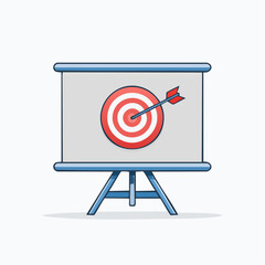 A presentation board on an easel displaying a red and white target with an arrow hitting the bullseye, symbolizing goal achievement and success.