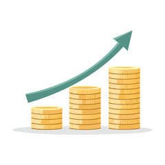 Three increasing stacks of gold coins with an upward arrow, symbolizing financial growth and success on a white background.